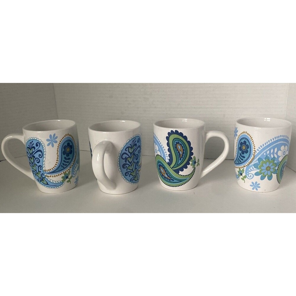 Royal Norfolk 4 Blue & Green Paisley Stoneware Coffee & Tea Mugs Rare Backstamp